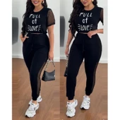 Kadın Kısa Kollu Bisiklet Yaka File Detaylı Viskon Iki Iplik Krop Ve Eşofman Altı Ikili Takım - 2