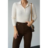 Polo Yaka 6 Düğmeli Kazak - Krem - 1