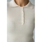 Polo Yaka 6 Düğmeli Kazak - Krem - 2