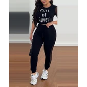 Kadın Kısa Kollu Bisiklet Yaka File Detaylı Viskon Iki Iplik Krop Ve Eşofman Altı Ikili Takım - 3