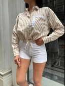 Tek Cep Çizgi Detaylı Crop Poplin Gömlek - 4
