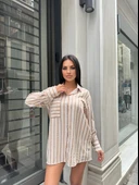 Tek Cep Çizgili Gofre Keten Gömlek - 1