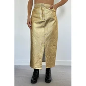 Altın Varaklı Gabardin Yırtmaçlı Etek - 1