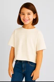 Pudra Çizgili Oversize Crop Tişört - 1