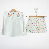 Çiçek İşlemeli Yaka Bluz ve Çiçek Desenli Etek Takım - 2