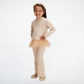 Çiçek Desenli Tütü Detaylı Çocuk Takımı – Bej - 1