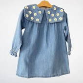 Papatya Nakışlı Denim Elbise - 1