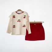 Kiraz İşlemeli Uzun Kollu Bluz ve Kırmızı Etekli Takım - 3