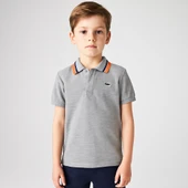 Renkli Yaka Detaylı Erkek Çocuk Polo Yaka Tişört – Gri - 1