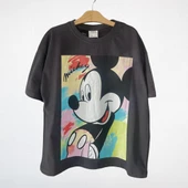 Siyah "Mickey Mouse" Renkli Baskılı Tişört - 1