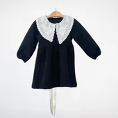 Dantel Yakalı Kız Çocuk Elbise – Siyah - 5