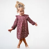 Çiçek Desenli Volan Detaylı Uzun Kollu Elbise – Bordo - 1