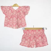 Çiçek Desenli Nakışlı Pembe Takım (2'li) – Bluz ve Şort thumbnail 1