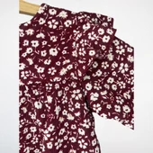 Çiçek Desenli Volan Detaylı Uzun Kollu Elbise – Bordo - 3