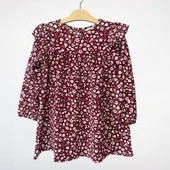 Çiçek Desenli Volan Detaylı Uzun Kollu Elbise – Bordo - 2