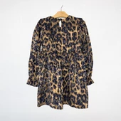 Leopar Desenli Fırfırlı Kız Çocuk Elbise – Siyah/Kahverengi - 3