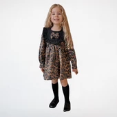 Leopar Desenli Fırfırlı Kız Çocuk Elbise – Siyah/Kahverengi - 1