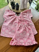 Çiçek Desenli Nakışlı Pembe Takım (2'li) – Bluz ve Şort thumbnail 2