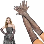 Siyah Renk İncili Elmas İşlemeli File Örgü Uzun Eldiven 45 Cm thumbnail 1