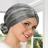 Gri Renk Yaşlı Peruğu Takma Saç Büyükanne Peruğu Yetişkin Çocuk Uyumlu thumbnail 4