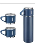 Paslanmaz Çelik Termos 3 Bardaklı Termos Seti Vakumlu Kamp Termos Set Lacivert - 3