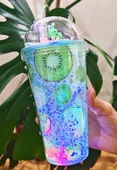 Limon Kiwi  Suluk Pipetli Buzlu Cam Görünümlü Led Işıklı 450 ML Çift Katman Mika 2768 - 3