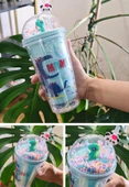 Sevimli Dino Temalı Çift Katman 450 ml Suluk Pipetli Mika Mavi 2769 - 2
