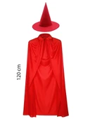 Yetişkin Boy 120 Cm Kırmızı Yakalı Pelerin Ve Kırmızı Cadı Şapkası - 1