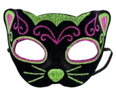 Siyah Kadife Kaplama Üzeri Pembe Yeşil Sim İşlemeli Kedi Maskesi 20x13 Cm thumbnail 1