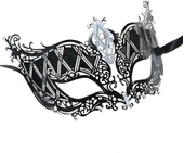 Kristal Gümüş Taşlı Siyah Renk Lazer Kesim Metal Lüks Maske Balo Parti thumbnail 1