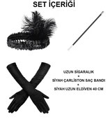 192039ler Gatsby Aksesuar Seti – Siyah Charleston Saç Bandı, Uzun Eldiven  Lık - 2