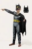 GEZEN AY Batman Kaslı Çocuk Kostümü 2 Maskeli Siyah Pelerinli Maskeli Süper Kahraman Kaslı Kostümü - 1