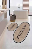 Kaymaz  Yıkanabilir Banyo paspası, Bathroom Yazılı, Estetik, Oval, Jüt Görünümlü Paspas - 1
