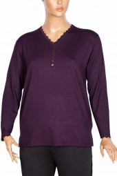 Cimariva Kadın Sıla Büyük Beden V Yaka Dantelli Mor Bluz - 1