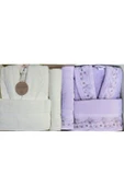 Bornoz Takımı Ofelya Aile Seti Çift Kişilik Krem - Lila - 1