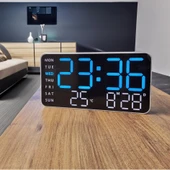 HD LED Ekranlı Pilli Adaptörlü 2 Alarmlı Sıcaklık Tarih Göstergeli Mavi Beyaz Fonksiyonel Duvar Masa Saati - 2