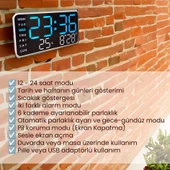 HD LED Ekranlı Pilli Adaptörlü 2 Alarmlı Sıcaklık Tarih Göstergeli Mavi Beyaz Fonksiyonel Duvar Masa Saati - 5