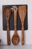 Atby Akasya Ahşap 3'lü Mutfak Kaşık Seti Delikli Kaşık Karıştırma Kaşığı ve Spatula - 1