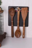 Atby Akasya Ahşap 3'lü Mutfak Kaşık Seti Delikli Kaşık Karıştırma Kaşığı ve Spatula - 2