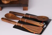 Atby Akasya Ahşap 3'lü Mutfak Kaşık Seti Delikli Kaşık Karıştırma Kaşığı ve Spatula - 3