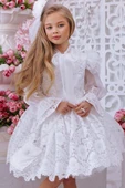 Kız Çocuk Yakası Şal Detaylı Omuzlar Fırfır İspanyol Kol Şeffaf Tül Dantel İşlemeli Beyaz Elbise thumbnail 3
