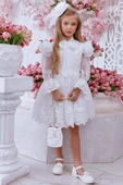 Kız Çocuk Yakası Şal Detaylı Omuzlar Fırfır İspanyol Kol Şeffaf Tül Dantel İşlemeli Beyaz Elbise thumbnail 7