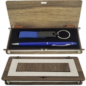 Ahşap Kutulu Mavi Kalem Anahtarlık Set - 1