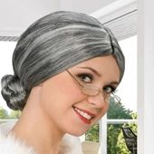 Gri Renk Yaşlı Peruğu Takma Saç Büyükanne Peruğu Yetişkin Çocuk Uyumlu thumbnail 4