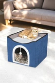 TİNEKE  Sevimli Katlanır Taşınabilir Çok Fonksiyonlu Kapalı Kedi Evi Yatağı LACİVERT thumbnail 1