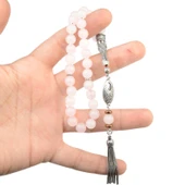 Gümüş İmame Gümüş Püskül Küre Kesim 8.x8 mm Doğal Gül Kuvars Taşı Tesbih thumbnail 3