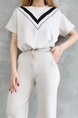 Osy Modal Yumuşak dokulu Kumaş Bisiklet Yaka Parçalı detaylı Kısa Kollu Takım - Beyaz thumbnail 1