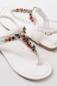 152-1110 Beyaz Multi Taşlı Parmak Arası Kadın Sandalet thumbnail 3