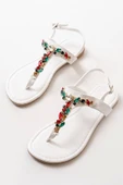152-1110 Beyaz Multi Taşlı Parmak Arası Kadın Sandalet thumbnail 2