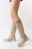 02-312 Bej Toka Aksesuarlı Fermuarlı Günlük Kadın Çizme thumbnail 1